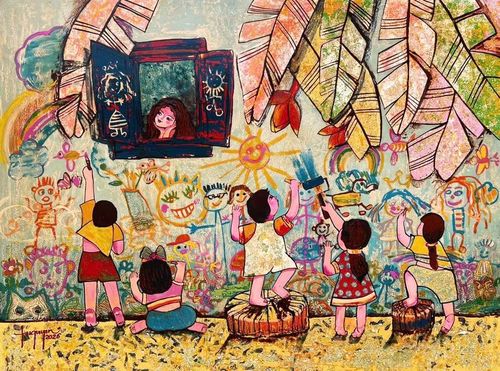 Tác phẩm “Ký ức tuổi thơ 2” (sơn mài, 60 x 80cm, 2026) của Tú Quyên.