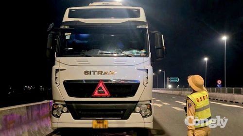 CSGT xử phạt xe tải dừng trên cao tốc, không bật đèn cảnh báo. Ảnh: Cục CSGT.