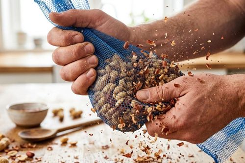 Sử dụng túi lưới giúp bạn dễ dàng loại bỏ vỏ đậu phộng. (Ảnh: WH)