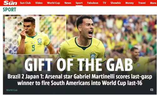 Tờ The Sun với phong cách chơi chữ quen thuộc, nhấn mạnh chiến thắng của Brazil là "Gift of the Gab" (một thành ngữ nói về duyên ăn nói, thuyết phục), ám chỉ đến tên của Gabriel Martinelli và người kiến tạo bàn gỡ hòa Gabriel Magalhaes.