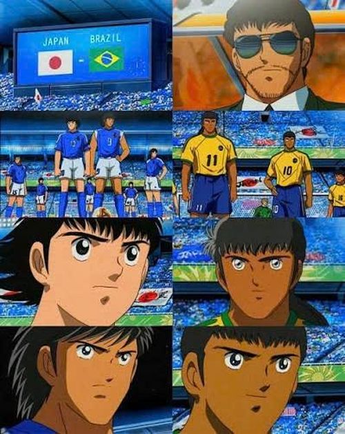  Hình ảnh từ bộ anime chuyển thể từ tác phẩm cùng tên Captain Tsubasa. Đội tuyển Nhật Bản và Brazil đối đầu trong khuôn khổ giải World Youth. 