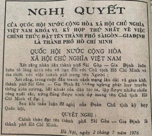 Nghị quyết về việc chính thức đặt tên Thành phố Sài Gòn - Gia Định là Thành phố Hồ Chí Minh, đăng trên báo Sài Gòn Giải phóng số 368 (Ảnh tư liệu)