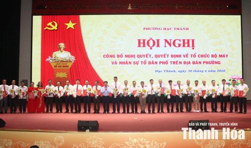 Các đồng chí lãnh đạo Đảng ủy phường Hạc Thành trao quyết định cho các đồng chí được chỉ định giữ các chức danh sau sắp xếp.