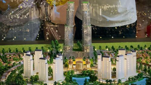 Tòa tháp đôi văn phòng Vista Landmark cao 40 tầng được giới thiệu sẽ là điểm nhấn của khu đô thị và trục đại lộ Thăng Long.