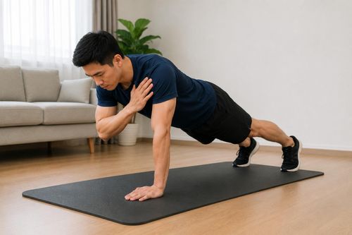 Plank chạm vai là bài tập động giúp cơ bụng phải liên tục chống lại lực xoay của thân người khi một tay rời khỏi mặt sàn.