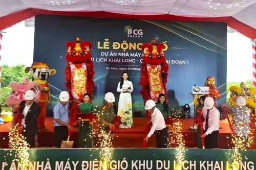 Các đại biểu thực hiện nghi thức động thổ dự án nhà máy điện gió.