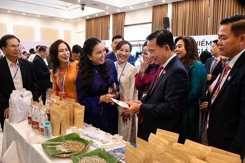 Ông Hồ Văn Mười tham quan sản phẩm của doanh nghiệp khu vực Lâm Đồng biển xanh.