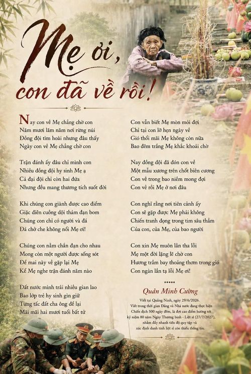 Bài thơ “Mẹ ơi, con đã về rồi!” được tác giả Quản Minh Cường viết trong thời gian Đảng và Nhà nước ta đang thực hiện Chiến dịch 500 ngày đêm đẩy mạnh thực hiện tìm kiếm, quy tập và xác định danh tính hài cốt liệt sĩ.