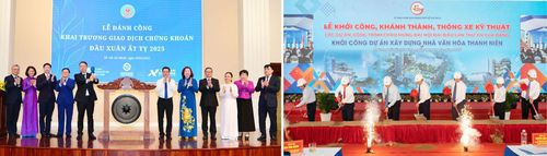 Ảnh trái: Sở Giao dịch chứng khoán TP Hồ Chí Minh là một trong nhưng đơn vị đầu tiên của cả nước. Ảnh phải: Khởi công, khánh thành các công trình quan trọng của thành phố.