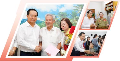  Đồng chí Nguyễn Văn Được thăm, tặng quà tri ân cán bộ, chiến sĩ, những người trực tiếp tham gia làm nên Đại thắng mùa Xuân 1975, vào ngày 28-4-2025 và trao quà an sinh đến người dân xã Hóc Môn, vào ngày 1-2-2026. Ảnh: NGÔ BÌNH 