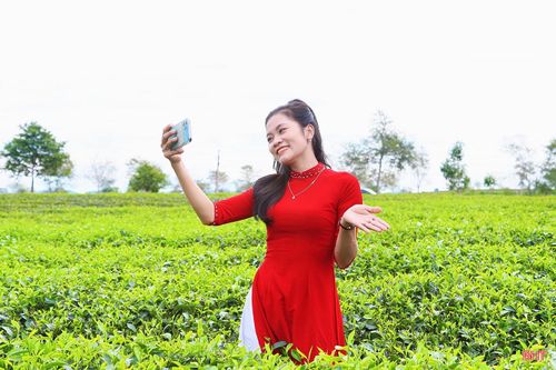 Màu xanh mướt của đồi chè càng làm nổi bật tà áo dài duyên dáng của du khách.