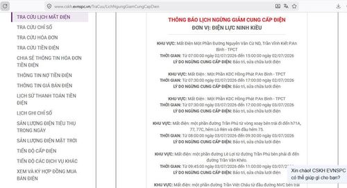 Lịch ngừng cấp điện tại Cần Thơ ngày mai 3/7 được cập nhật trên website của EVNSPC lúc 11h ngày 2/7. Ảnh: BNEWS phát