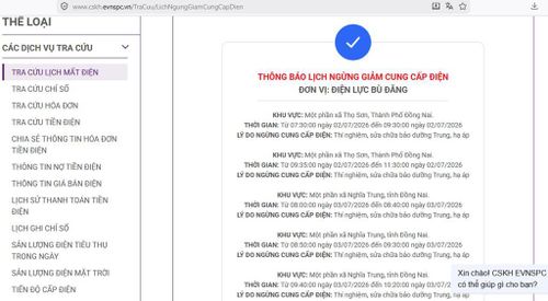 Lịch ngừng cấp điện tại Đồng Nai ngày mai 3/7 được cập nhật trên website của EVNSPC lúc 11h05 ngày 2/7. Ảnh: BNEWS phát
