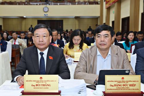 Đồng chí Bùi Thắng, Phó Bí thư Tỉnh ủy và đồng chí Đặng Đức Hiệp, Ủy viên Ban Thường vụ Tỉnh ủy, Phó Trưởng Đoàn chuyên trách Đoàn ĐBQH tỉnh Lâm Đồng tham dự kỳ họp