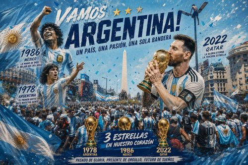Các cổ động viên Argentina đổ ra quảng trường trung tâm thủ đô Buenos Aires ăn mừng chức vô địch World Cup 2022, chức vô địch thế giới lần thứ 3 trong lịch sử (Ảnh có sử dụng AI).