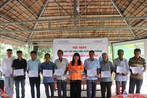 Bà Nguyễn Thị Giang, Phó Giám đốc Sở Nông nghiệp và Môi trường TP.Cần Thơ, trao giấy chứng nhận cho các nông dân đã hoàn thành khóa đào tạo quản lý sức khỏe cây trồng tổng hợp (IPHM).
