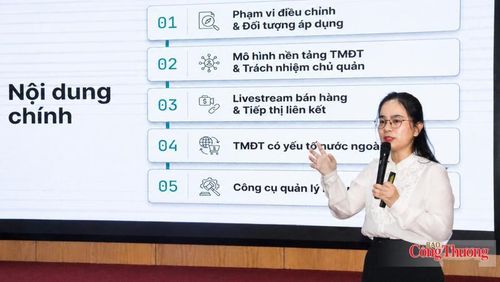 Đại diện tổ soạn thảo trình bày những điểm đáng lưu ý của Luật Thương mại điện tử 2025. Ảnh: Phương Cúc