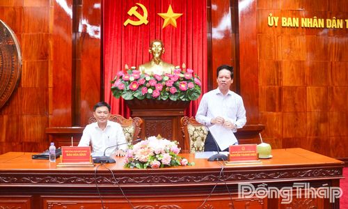 Đồng chí Nguyễn Thành Diệu, Tỉnh ủy viên, Phó Chủ tịch UBND tỉnh Đồng Tháp, phát biểu tại buổi làm việc.