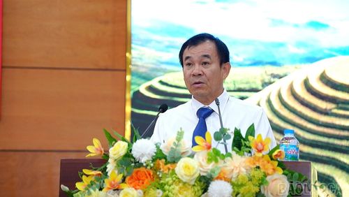 Đồng chí Phạm Toàn Thắng - Ủy viên Ban Thường vụ, Trưởng Ban Tổ chức Tỉnh ủy Lào Cai phát biểu tại hội nghị.