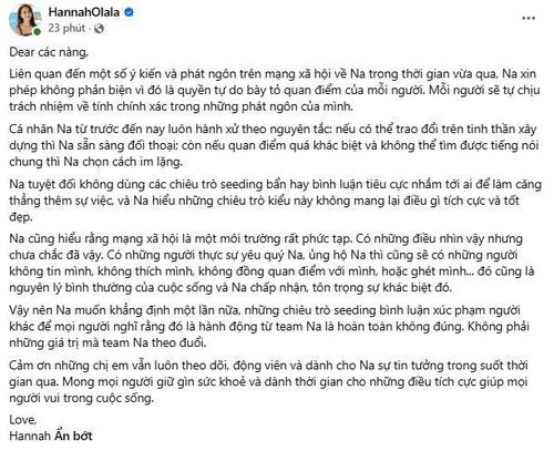 Chia sẻ của Hannah Olala trên trang cá nhân. Ảnh chụp màn hình