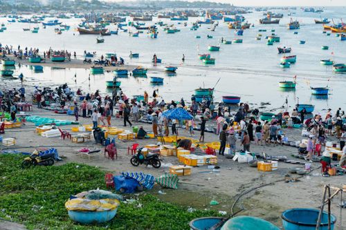  Khu vực bờ kè làng chài Mũi Né buôn bán hải sản tấp nập. 