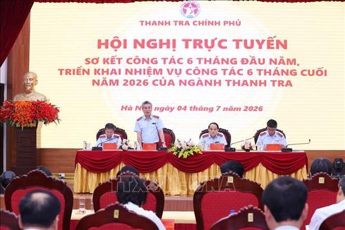 Tổng Thanh tra Chính phủ Nguyễn Quốc Đoàn và các đồng chí Phó Tổng Thanh tra chủ trì. Ảnh: Văn Điệp/TTXVN