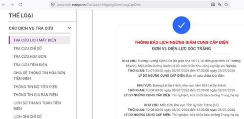 Lịch ngừng cấp điện tại Cần Thơ ngày mai 5/7 được cập tại website của EVNSPC cập nhật lúc 15h35 ngày 4/7. Ảnh: BNEWS phát