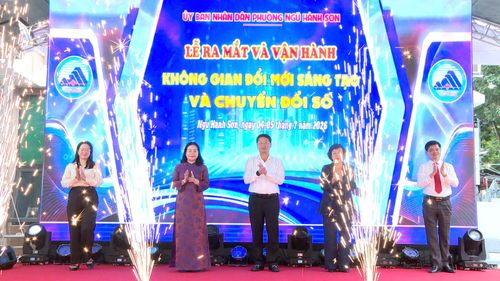 Phó Bí thư Thành ủy Ngô Xuân Thắng (giữa) cùng các đại biểu bấm nút vận hành không gian đổi mới sáng tạo và chuyển đổi số phường Ngũ Hành Sơn. Ảnh: VĂN HÙNG - TẤN YÊN