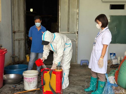 Cán bộ y tế hướng dẫn người dân thôn A2, xã Thanh Yên phun thuốc khử trùng chuồng trại phòng dịch tả lợn châu Phi. Ảnh: Kông Thao