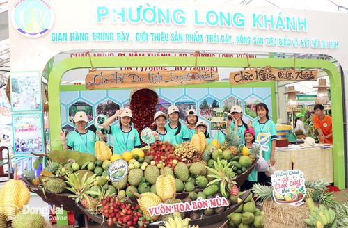 Nhiều đoàn khách du lịch đến tham quan và chụp ảnh tại các gian hàng trưng bày trái cây tại Lễ hội Mùa trái cây Long Khánh (phường Long Khánh). Ảnh: Ngọc Liên