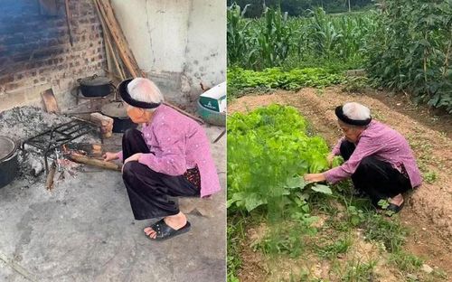 Cụ Xoán trồng rau và nấu cơm bếp củi