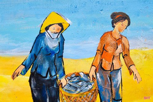 Nhiều bức tranh còn khắc họa sinh động sự cần cù, lam lũ của người dân làng chài, giúp mỗi người khi dừng chân thêm thấu hiểu và trân trọng cuộc mưu sinh của những ngư dân ngày đêm bám biển.