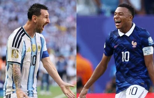 Mbappe (phải) và Messi đang cùng có 7 bàn thắng tại World Cup 2026. (Ảnh: AFP/TTXVN)