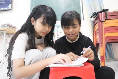  Cô giáo” H'Srina dạy tiếng Anh cho em Srom (bên phải). Ảnh: L.H 