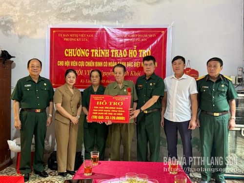 Đại diện Hội Doanh nhân CCB tỉnh trao biển biểu trưng kinh phí hỗ trợ cho gia đình ông Khôi