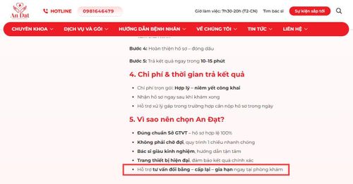 Cũng trên trang website, Phòng khám Đa khoa Quốc tế An Đạt nghiễm nhiên liệt kê việc “Hỗ trợ tư vấn đổi bằng – cấp lại – gia hạn ngay tại phòng khám” là một trong những ưu điểm thu hút khách hàng, bộc lộ sự móc nối giữa y tế và hành chính.