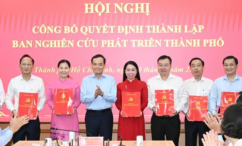  Bí thư Thành ủy, Trưởng Ban Nghiên cứu phát triển TPHCM Trần Lưu Quang trao quyết định cho các thành viên Ban Nghiên cứu phát triển TPHCM. Ảnh: VIỆT DŨNG 