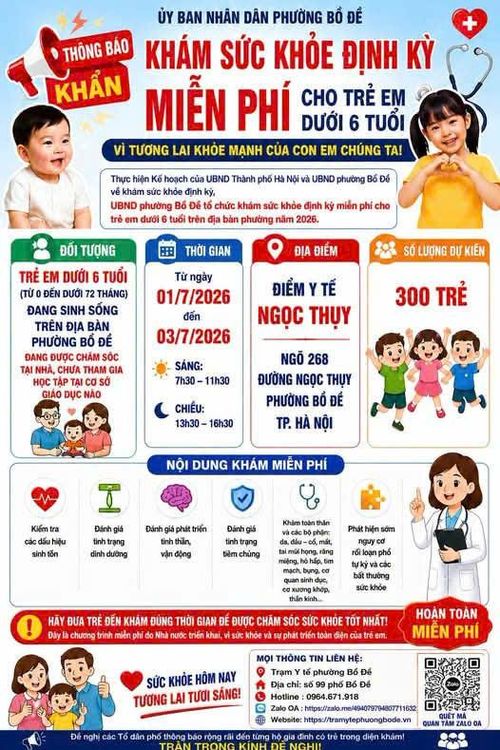 Thực hiện kế hoạch của UBND TP Hà Nội, UBND phường Bồ Đề thông báo tổ chức khám sức khỏe định kỳ miễn phí cho trẻ em dưới 6 tuổi trên địa bàn
