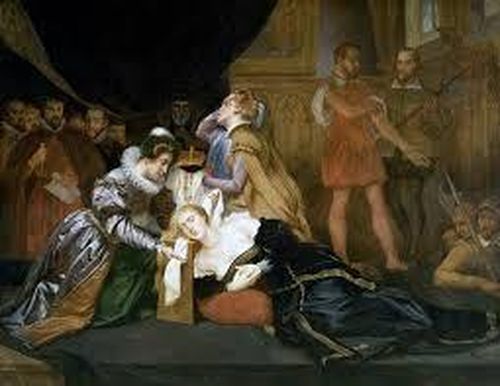 Mary Stuart đã yêu cầu 4 người hầu nam và hai thị nữ của bà phải đi cùng bà đến nơi hành quyết, như được thể hiện bức tranh sơn dầu thế kỷ XIX “Cái chết của Nữ hoàng” của Abel de Pujol. Ảnh: National Geographic