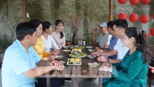 Du khách thưởng thức các món ăn chế biến từ xoài tại điểm du lịch The Mango Trail Farmstay ở xã Mỹ Thọ, tỉnh Đồng Tháp. Ảnh: Nhựt An - TTXVN