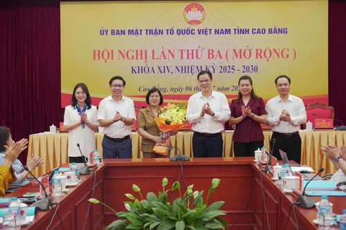 Lãnh đạo Ủy ban MTTQ Việt Nam tỉnh chúc mừng Chủ tịch Hội người cao tuổi tỉnh Hoàng Thị Bình tham gia Ủy viên Ủy ban MTTQ Việt Nam tỉnh.