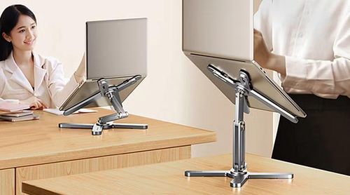 Giải pháp đơn giản và tiết kiệm nhất là sử dụng giá đỡ laptop để nâng màn hình lên đúng độ cao, kết hợp cùng bàn phím và chuột rời nhằm đảm bảo cánh tay, cổ tay và khuỷu tay luôn ở tư thế phù hợp, đồng thời còn giúp cải thiện khả năng tản nhiệt cho máy và tối ưu không gian làm việc.