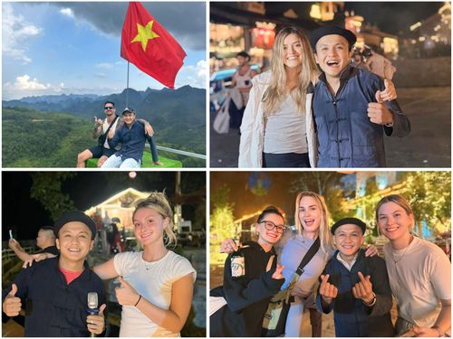 Anh Sùng Mạnh Hùng vui mừng chụp ảnh kỷ niệm cùng các du khách quốc tế khi ghé thăm, trải nghiệm văn hóa tại phố cổ Đồng Văn.