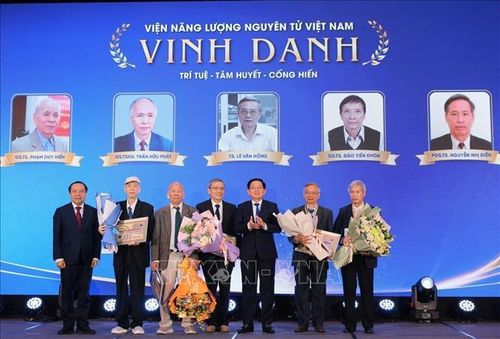 Phó Thủ tướng Hồ Quốc Dũng, Bộ trưởng Bộ Khoa học và Công nghệ Vũ Hải Quân vinh danh các nhà khoa học đầu ngành năng lượng nguyên tử Việt Nam. Ảnh: Hoàng Hiếu/TTXVN
