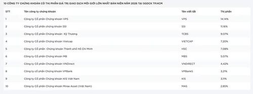 10 công ty chứng khoán có thị phần giá trị giao dịch môi giới lớn nhất bán niên năm 2026 tại HOSE.