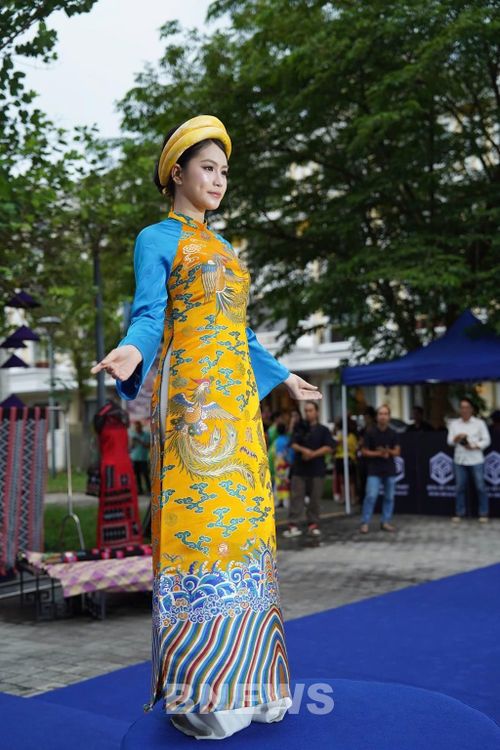 Trình diễn Bộ sưu tập áo dài của Nghệ nhân, Nhà thiết kế Viết Bảo. Ảnh: Mai Trang- TTXVN