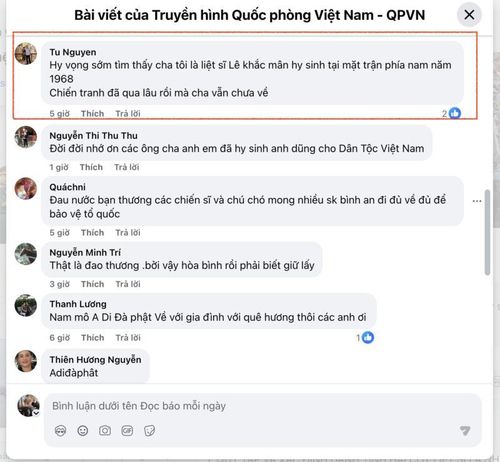 Một người con viết tìm cha mình, liệt sĩ Lê Khắc Mân, hy sinh tại mặt trận phía Nam năm 1968, kèm câu ngắn gọn mà xót xa: “Chiến tranh đã qua lâu rồi mà cha vẫn chưa về.” Ảnh chụp màn hình.