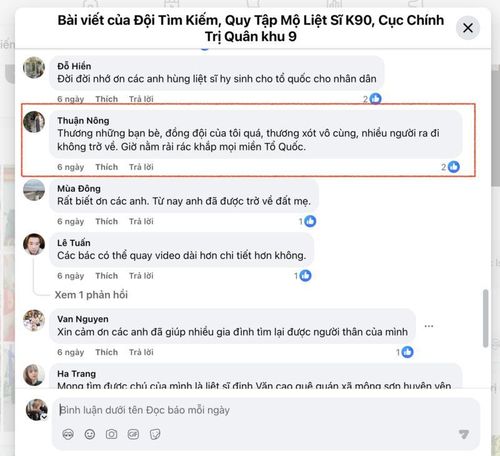 Facebook “Thuận Nông” để lại bình luận xót thương bạn bè, đồng đội. Ảnh chụp từ màn hình.
