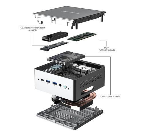 Minisforum NAB9S trang bị RAM DDR4 và hai khe cắm ổ cứng.