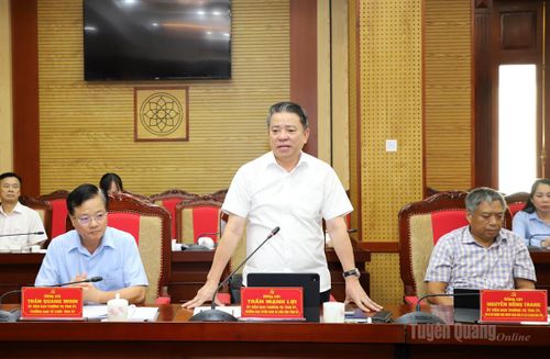 Trưởng Ban Tuyên giáo và Dân vận Tỉnh ủy Trần Mạnh Lợi thảo luận tại hội nghị.